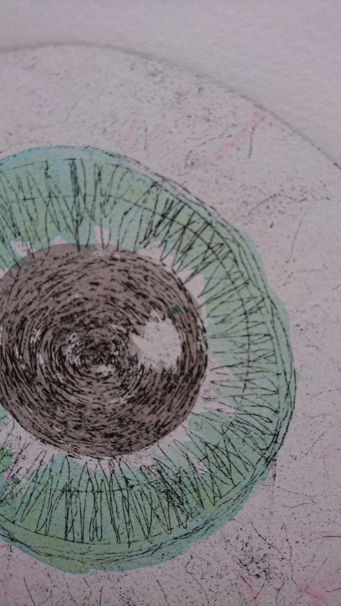 close up showing lines of etching on Aye eyeball (green iris)