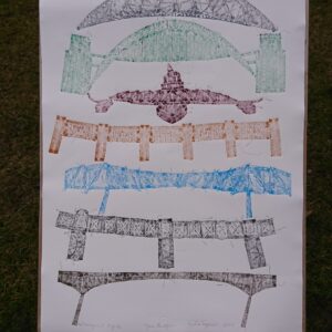 photo of 'Tyne Bridges' monoprint on an easel, showing 7 bridges over the River Tyne