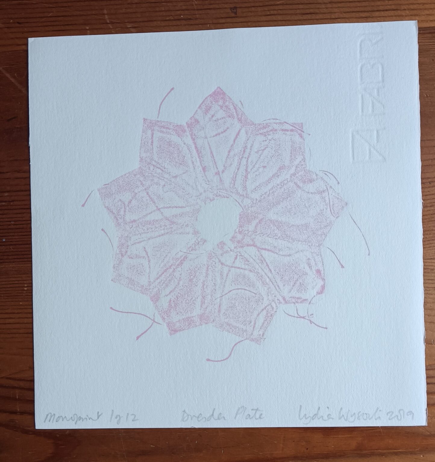 photo of Dresden Plate monoprint from patchwork - pink flower with pointed petals
