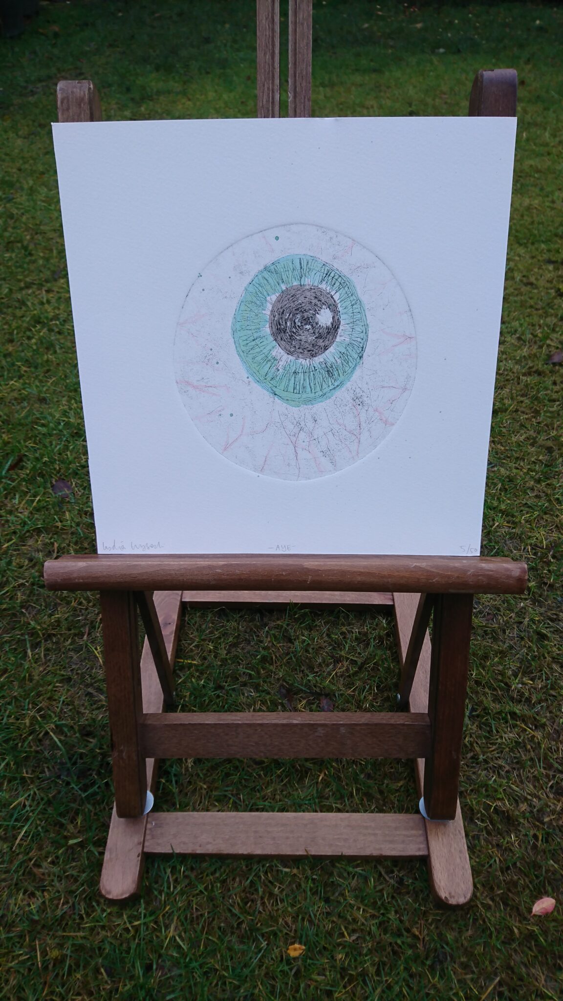 photo of one Aye eyeball etching (green iris), outdoors on an easel